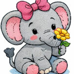 Cute Baby Elephant with Flower Embroidery Design