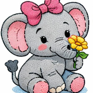 Cute Baby Elephant with Flower Embroidery Design